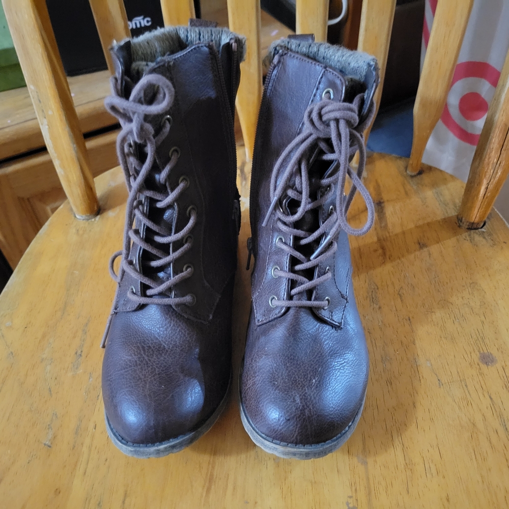 Women’s Brown Lace-Up Faux Leather Ankle Boots